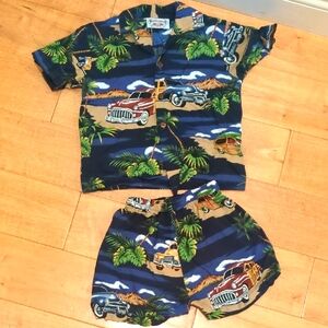 Vintage Classic Car Print Hawaiian Shirt and Shorts Set Boys Size 5t